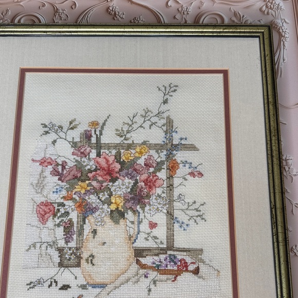 Vintage Estate "Victorian Bouquet" by Paula Vaughan Cross Stitch in Gold Frame - Picture 5 of 9